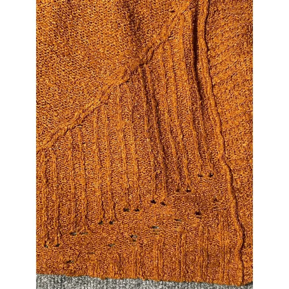 Free People Burnt Orange Wide V-neck Open Knit Detailing Sweater -L